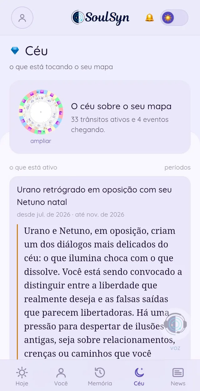 A tela Céu, com os trânsitos sobre o mapa