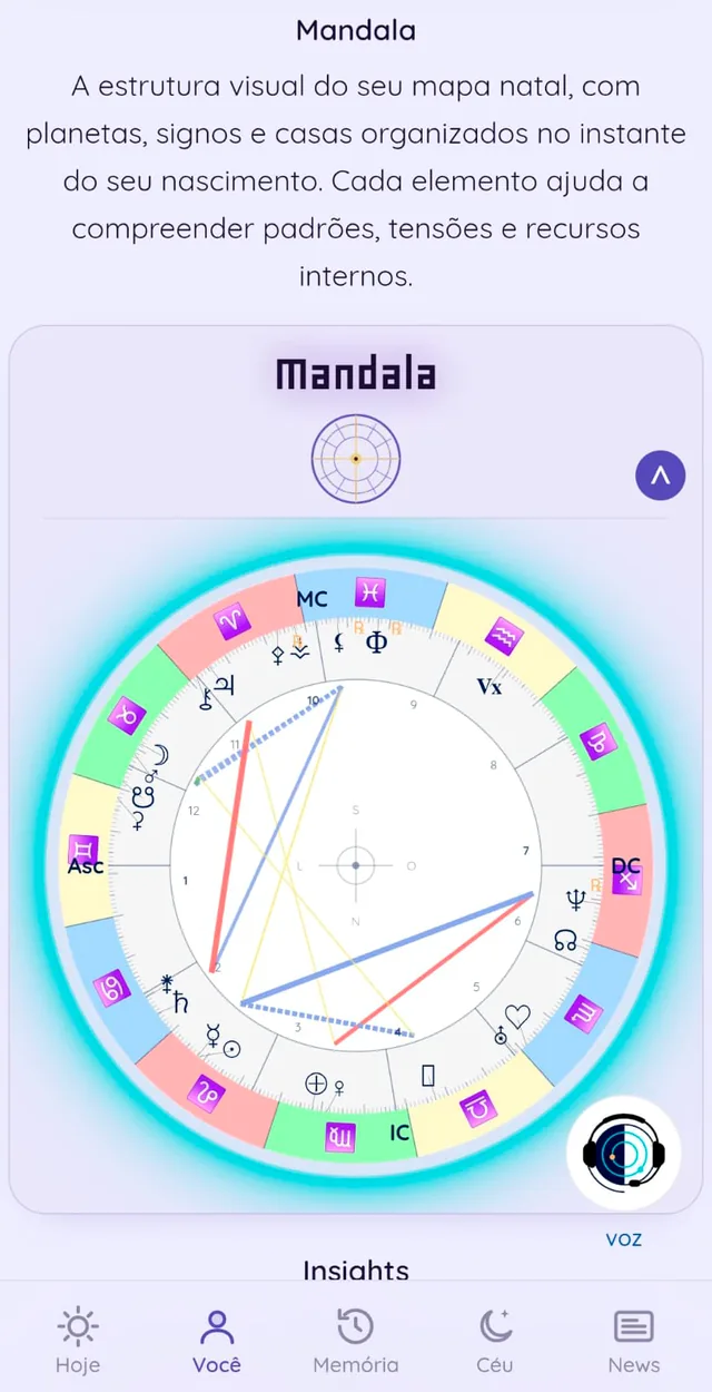 A Essência aberta no app, com a mandala do mapa natal