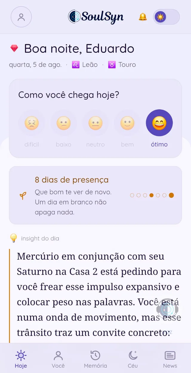 O aplicativo SoulSyn na tela Hoje