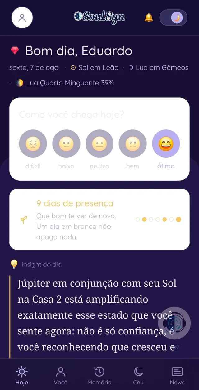 A mesma tela Hoje no tema escuro
