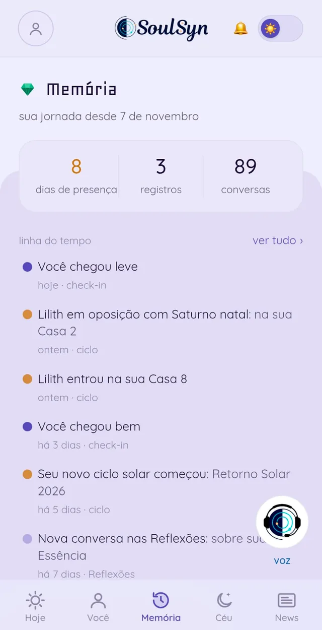 A tela Memória, com a linha do tempo da jornada