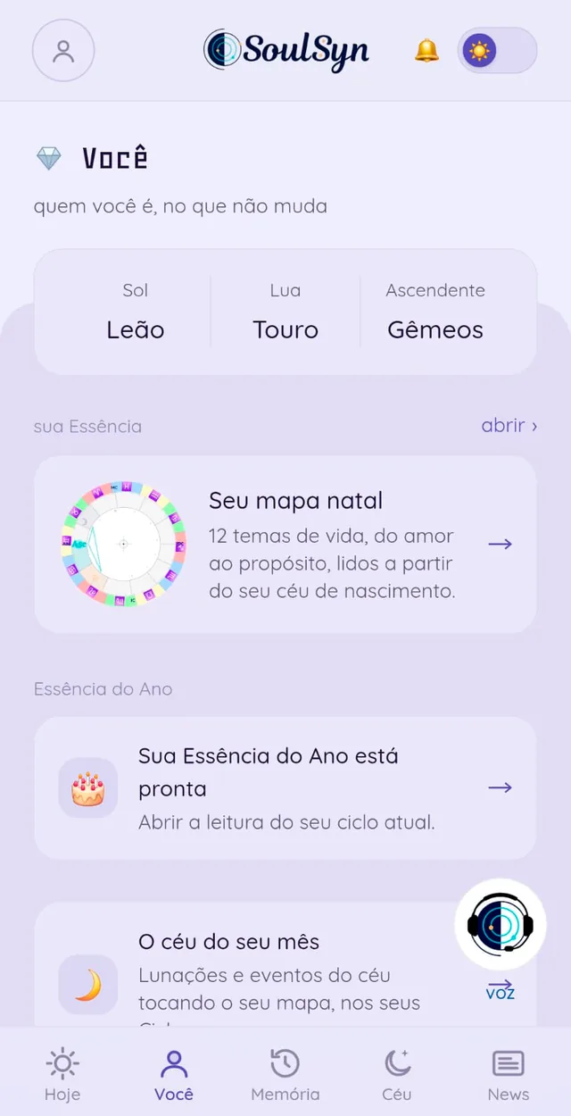 A tela Você, com a tríade e o mapa natal